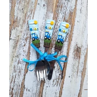 Traktor (kék) gyerek evőeszköz szett 3dbos - akár névvel is