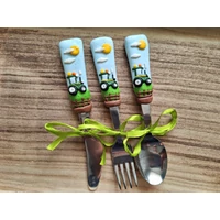 Traktor (zöld) gyerek evőeszköz szett 3dbos