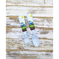 Traktor (kék) műanyag kanál és villa