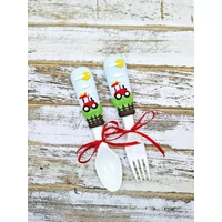 Traktor (piros) műanyag kanál és villa szett